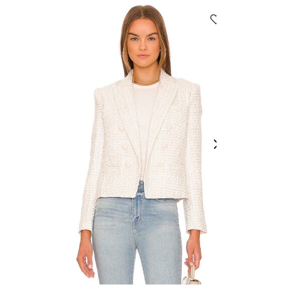 L'AGENCE Brooke Double Brested Crop boucle Blazer in ivory ecru tweed style 0 - Picture 1 of 13